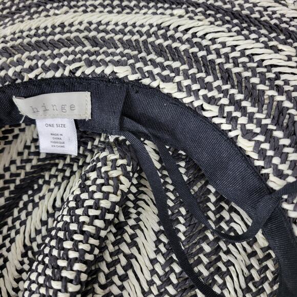 Hinge Two Tone Panama Hat Black White Wide Brim Woven Straw Pom Pom Summer NWOT - Picture 10 of 16